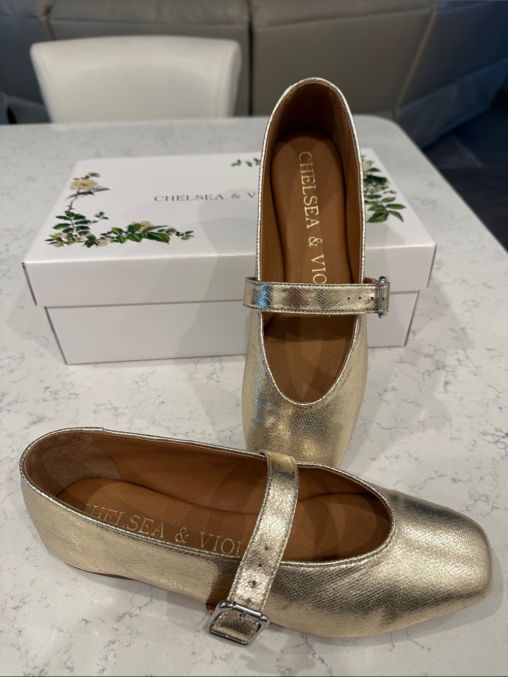 Chelsea & Violet Metallic Gold Mary Jane Flats